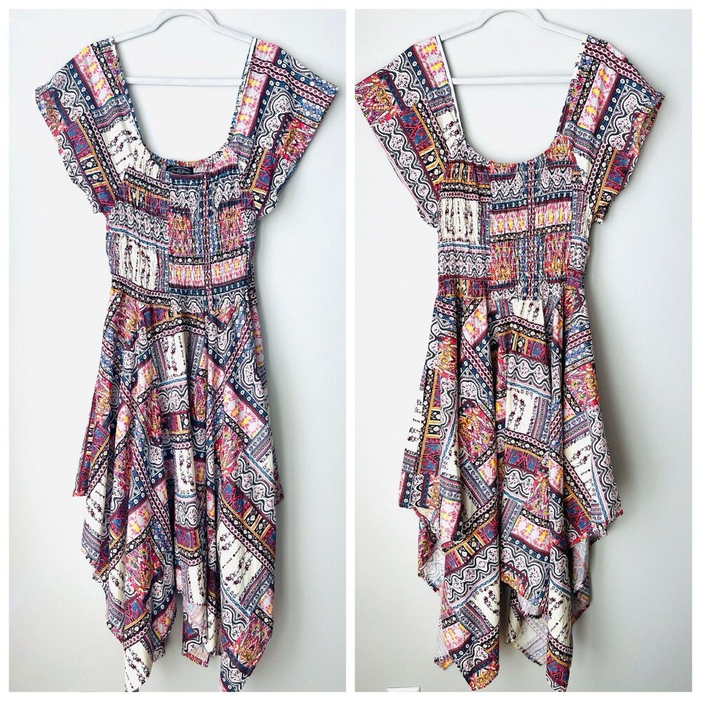 Shore Drive Bohemian Patchwork Whimsical Handkerchief Midi Dress. Size L. EUC.
